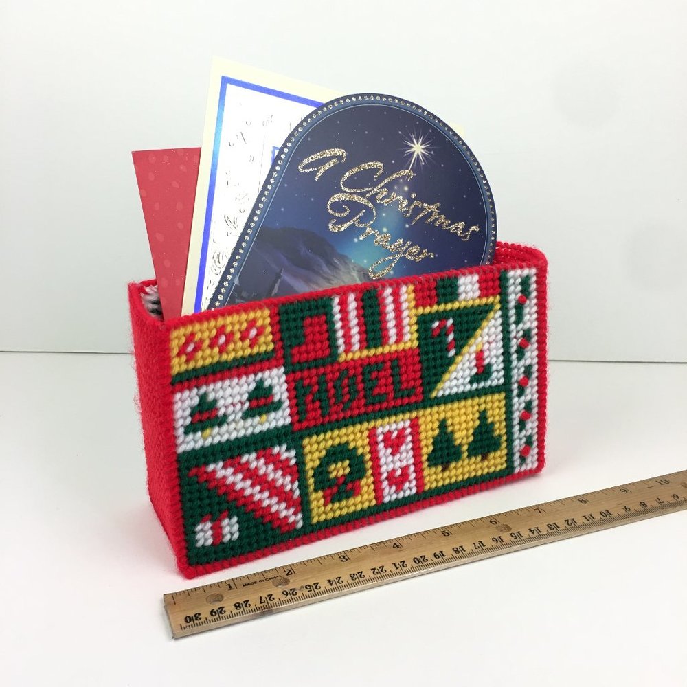 Christmas Holiday Noel Greeting Card Holder Plastic Canvas Hand Stitched Finishd